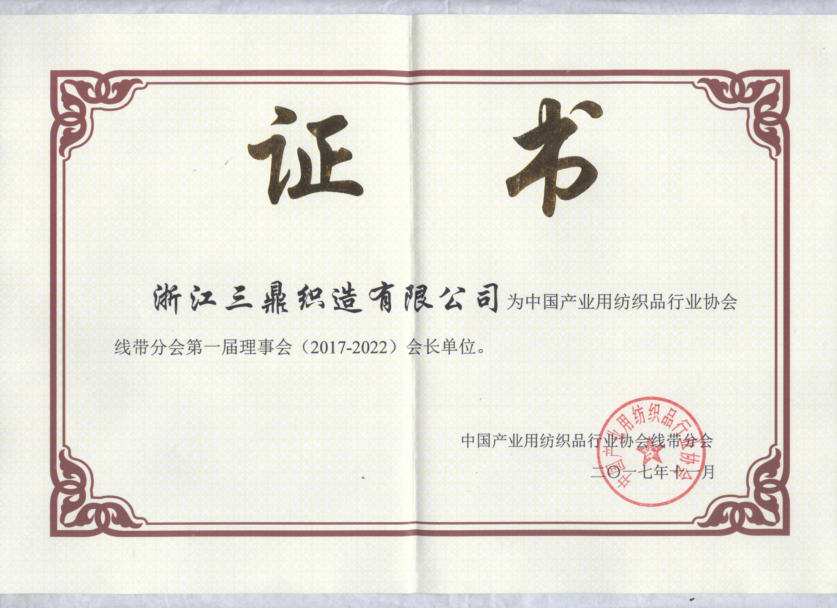 行業(yè)協(xié)會會長單位證書